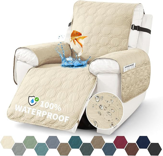 XINEAGE 100% Waterproof Recliner Chair Cover, Non Slip Covers for Recliner Chair with Pocket, Washable Dog Recliner Couch Cover with Elastic Straps (Beige, 22")