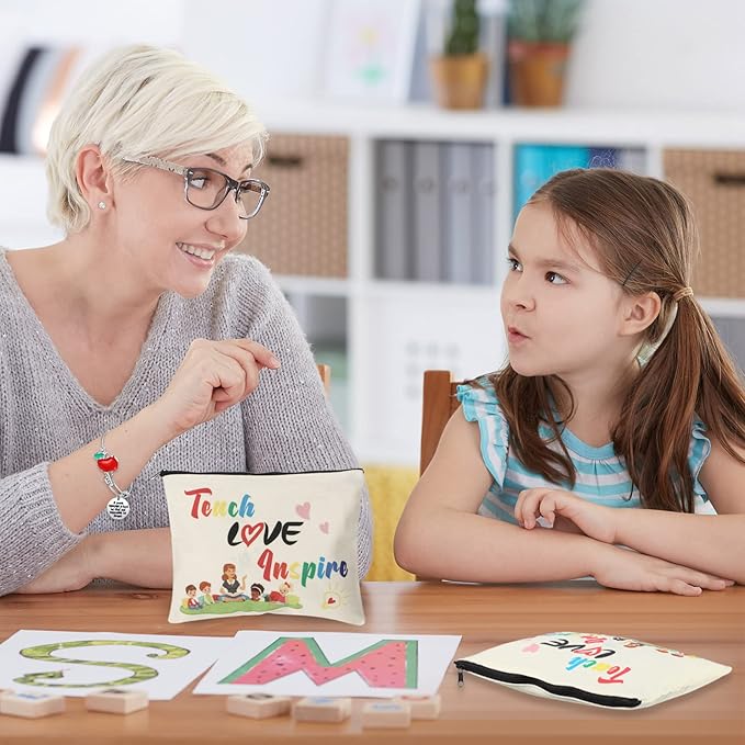 8 Pcs Teacher Appreciation Gift Set for Women, 4 Teacher Makeup Pouch Cosmetic Bags and 4 Bangle Bracelets, Christmas Valentines Thank You Gifts for Teacher (Teach Love Inspire)