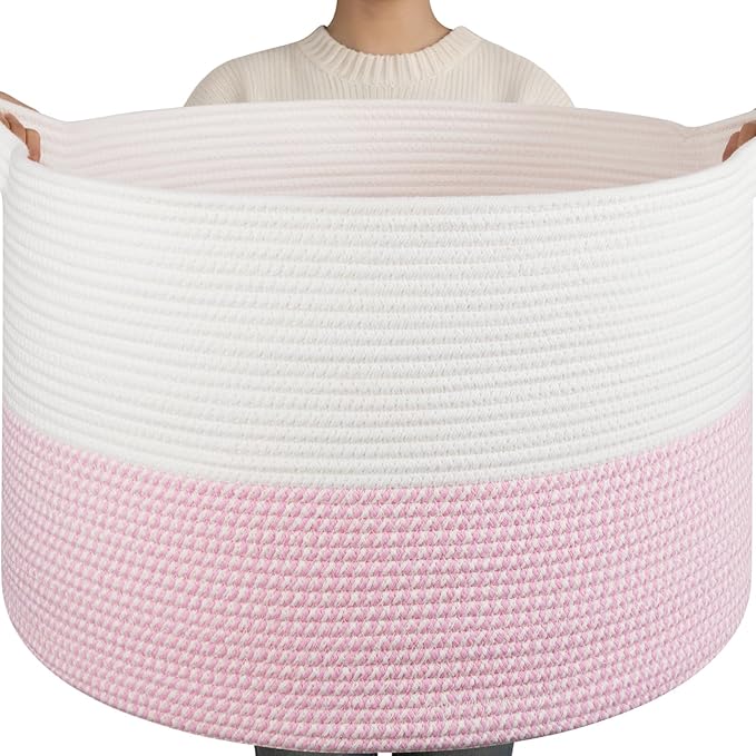 OIAHOMY 115L Extra Large Blanket Basket, 23.6" x 15.4" Woven Cotton Rope Laundry Basket for Organizing Pillows, Decorative Stuffed Animal Toy Storage Bin for Nursery, White and Pink