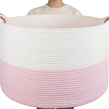 OIAHOMY 115L Extra Large Blanket Basket, 23.6" x 15.4" Woven Cotton Rope Laundry Basket for Organizing Pillows, Decorative Stuffed Animal Toy Storage Bin for Nursery, White and Pink