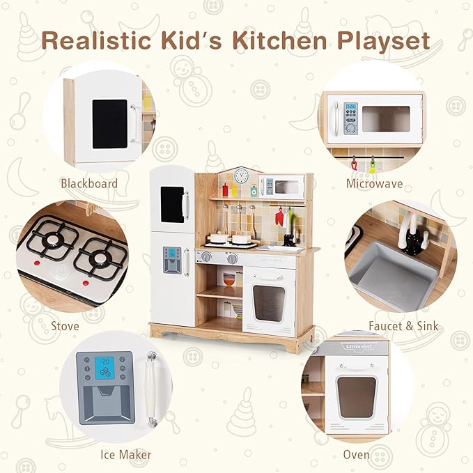 KOTEK Play Kitchen, Wooden Toddler Kitchen Playset w/Light and Sound/Blackboard/Microwave/Ice Maker/Oven/Stove/Faucet, Chef Pretend Play Toy, Kitchen Set for Kids, Gift for Girls Boys Age 3+(Natural)