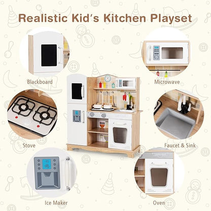 KOTEK Play Kitchen, Wooden Toddler Kitchen Playset w/Light and Sound/Blackboard/Microwave/Ice Maker/Oven/Stove/Faucet, Chef Pretend Play Toy, Kitchen Set for Kids, Gift for Girls Boys Age 3+(Natural)