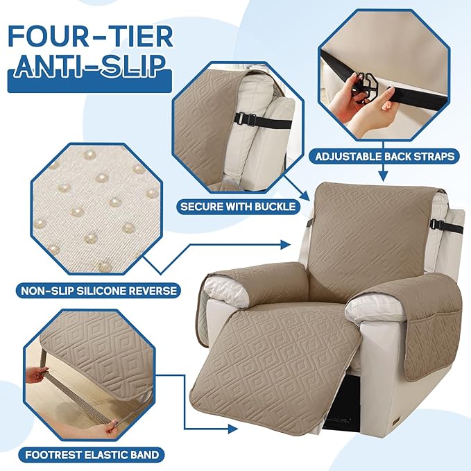 XINEAGE 100% Waterproof Recliner Cover, Non Slip Recliner Chair Cover with Elastic Band, Washable Recliner Slipcover with Storage Pockets for Kids, Pets (Khaki, 25")