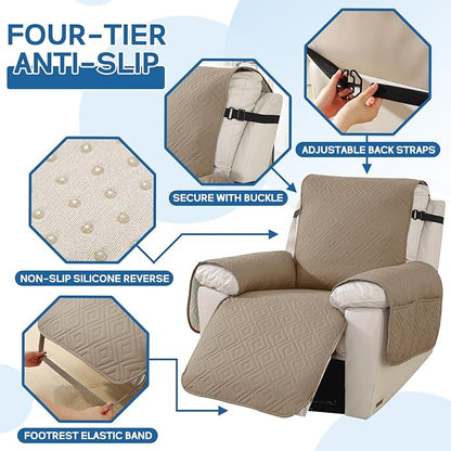 XINEAGE 100% Waterproof Recliner Cover, Non Slip Recliner Chair Cover with Elastic Band, Washable Recliner Slipcover with Storage Pockets for Kids, Pets (Khaki, 25")