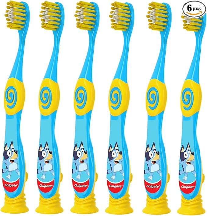 Colgate Bluey Toothbrush for Children with Suction Cup, Kids 2-5 Years Old, Extra Soft (Colors & Characters Very) - Pack of 6
