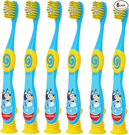 Colgate Bluey Toothbrush for Children with Suction Cup, Kids 2-5 Years Old, Extra Soft (Colors & Characters Very) - Pack of 6