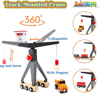 WOOD CITY Wooden Train Set, 56-Piece Deluxe Kids Toy Train Set for 2 3 4 5 Year Old Boy, Cargo-Themed Train Track with Tower Crane & Suspension Bridge - Fits Thomas Brio Chuggington Melissa Orbrium
