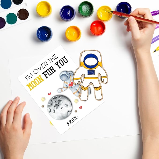 GEECOZYLIFE Thank You for Coming Gifts for Kids - 24 PCS Space Cards with Art Supplies - Space Wood Painting Craft Kits - Kids Christmas Birthday Boys Girls Gifts Bulk - Space Party Favors