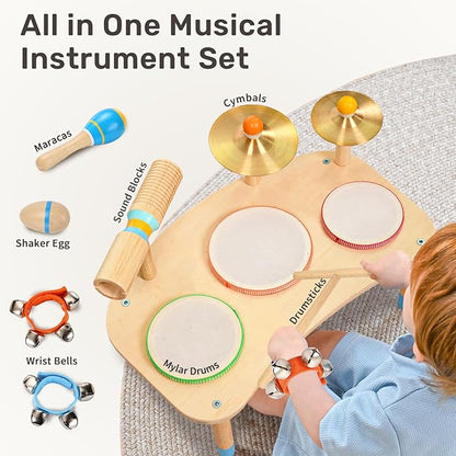 WINGYZ 11-in-1 Kids Drum Set – Montessori Baby Musical Toys & Wooden Musical Instruments for Toddlers 1-3, Music Table with Bongo Drums, Cymbals, Maracas & Wrist Bells for Early Rhythm Play