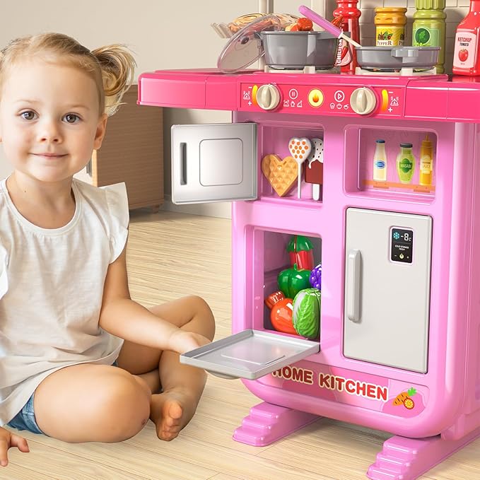 Toddler Kids Kitchen Playset, Play Kitchen Set with Sounds and Lights for Toddlers Kids 3-5 6-8, Pretend Food Toy Kitchens Christmas Birthday Gifts for Toddlers Kids 3 4 5 6 7 8 Years Old
