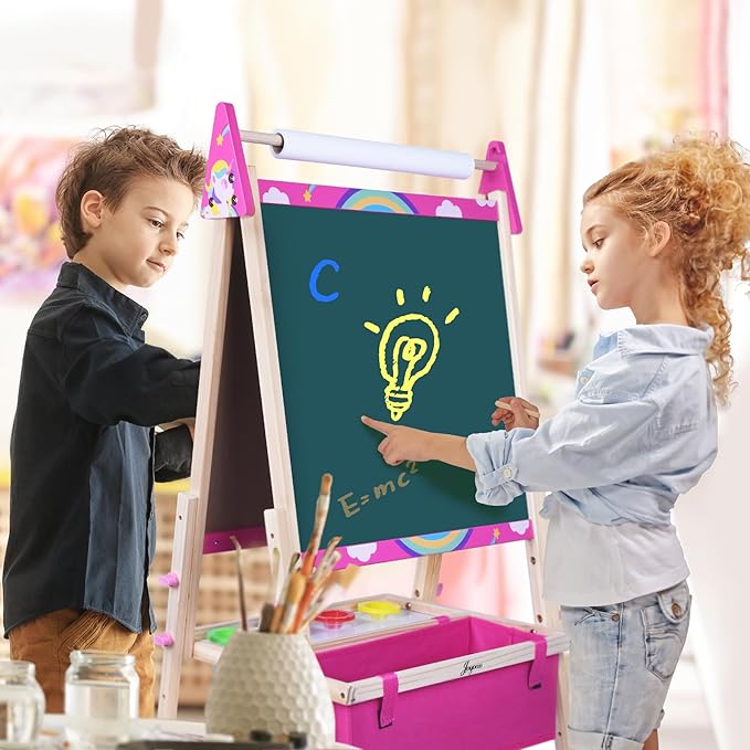 Joyooss Art Easel for Kids Easel for Toddlers, Adjustable Painting Station Wooden Easel Toddler Easels Kids Board Whiteboard & Chalk Board Easel Kids, Kids Art Easel for Kids Age 4-8 9-12 Kid Easel