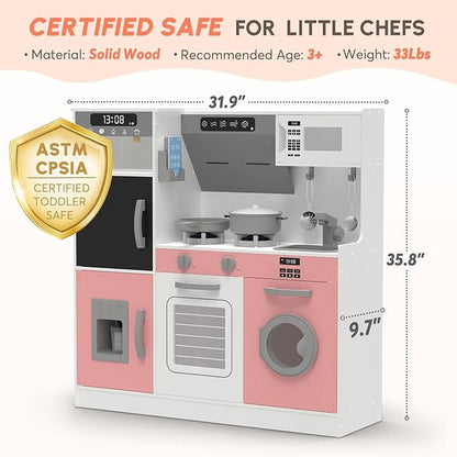 BIERUM Play Kitchen with Realistic Lights & Sounds, Wooden Kitchen Playset with 28 Pcs Toy Food & Cookware Accessories, Toy Kitchen with Plenty of Play Features, Idea Gift for Boys and Girls Ages 3+