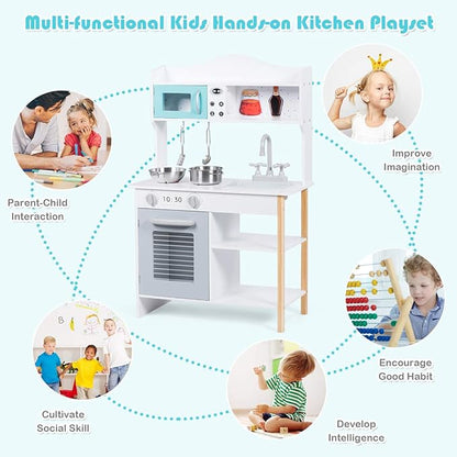 ARLIME Kids Kitchen Playset, Wooden Toy Toddler Kitchen w/ Simulated Sound, Accessory Utensils, Blackboard, Sink, Stovetop, Cabinets, Pretend Play Kitchen for Boys Girls