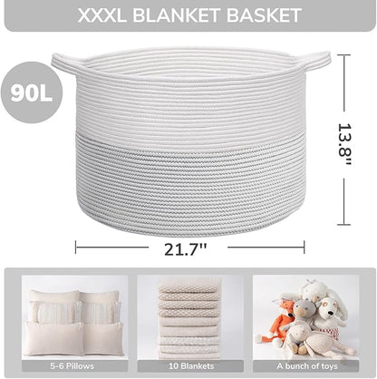 INDRESSME XXXLarge Cotton Rope Basket 21.7" x 21.7" x 13.8" Woven Baby Laundry Basket for Blankets Toys Storage Baskets with Handle Comforter Cushions Storage Bins Thread Laundry Hamper-Black Stitch