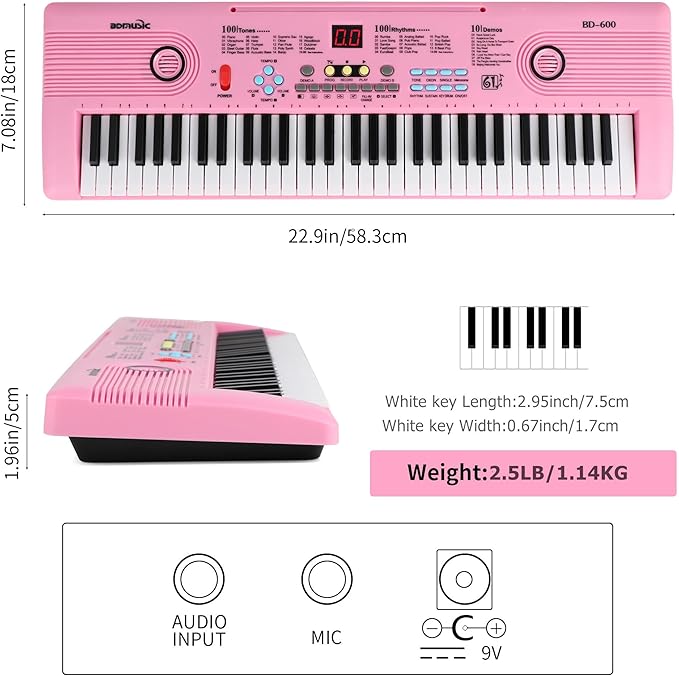 Keyboard Piano 61 Key Electric Digital Piano Music keyboard w/Microphone Portable Piano For Kids Beginner Birthday Christmas Gifts Pink