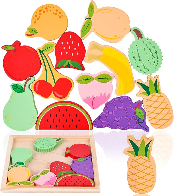 LovesTown 12PCS Fruit Shape Puzzles, Educational Toy Wooden Chunky Jigsaw Puzzles for Gift