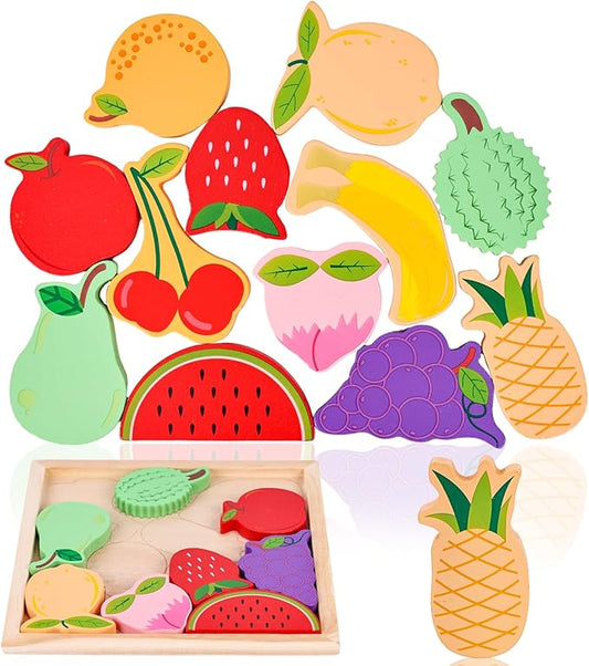 LovesTown 12PCS Fruit Shape Puzzles, Educational Toy Wooden Chunky Jigsaw Puzzles for Gift