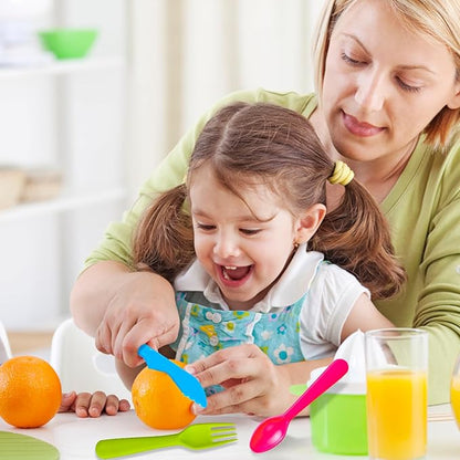 Jawbush 12Pcs Kids Cutlery Set, Plastic Toddler Utensils Forks and Spoons with Serrated Nylon Knives for School Lunch Box or Travel with Bright Colors, Reusable Kids Silverware Set also for Adults