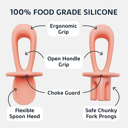 Tiny Twinkle Silicone Training Utensils - Baby Spoons and Baby Forks For Self-Feeding Training - Silicone Baby Led Weaning Utensils For Toddlers And Babies 6-24 Months - Baby Feeding Supplies (Coral)