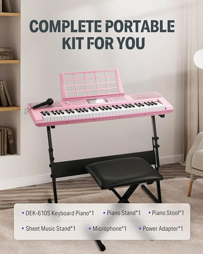 Donner 61 Key Keyboard Piano, Electric Piano Keyboard Kit with 249 Voices, 249 Rhythms - Includes Piano Stand, Stool, Microphone, Gift for Beginners, Pink (DEK-610S)