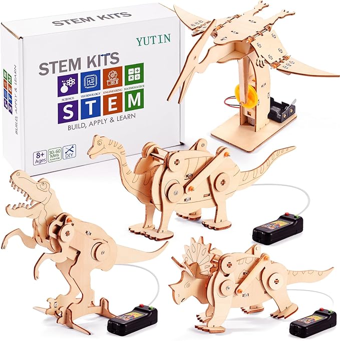Dinosaur STEM Kits for Kids Ages 6-8-10-12, 4 in 1 Wood Building Toys for Boys Age 8-12, Build It Yourself Woodworking Kit, DIY 3D Wooden Puzzles Model Science Crafts for Kids, Stem Projects
