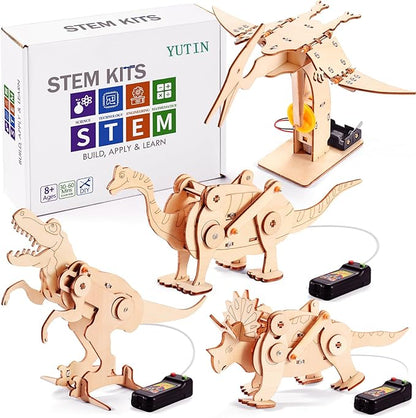 Dinosaur STEM Kits for Kids Ages 6-8-10-12, 4 in 1 Wood Building Toys for Boys Age 8-12, Build It Yourself Woodworking Kit, DIY 3D Wooden Puzzles Model Science Crafts for Kids, Stem Projects