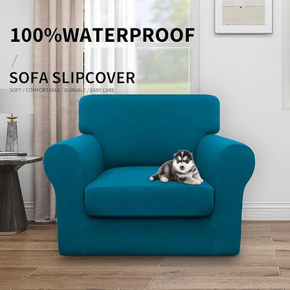 Easy-Going 100% Dual Waterproof Chair Cover Stretch Soft Couch Cover for Dogs, Sofa Slipcover for 1 Separate Cushion Couch Leakproof Furniture Protector for Kids, Pets Peacock Blue