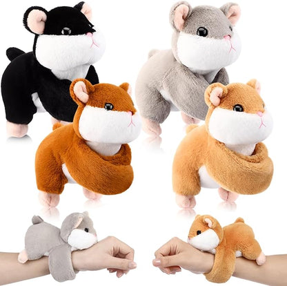 HyDren 4 Pcs Stuffed Animal Slap Bracelets for Kids,8 Inch Plush Snow Leopard Hamster Hugger Slap Bracelets Bulk Toy Hug Snap Wristbands for Girls Boys Birthday Gifts Party Favors (Hamster)
