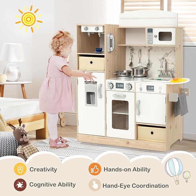 KOTEK Play Kitchen with Lights and Sounds, Wooden Toddler Kitchen Playset w/Ice Maker, Coffee Maker, 19 Accessories & Microwave, Chef Pretend Play Toy Kitchen Set for Kids Girls & Boys Ages 3+(White)