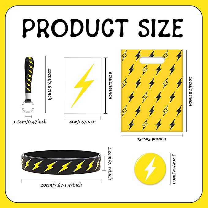 60 PCS Lightning Bolt Party Favors Temporary Tattoos, Silicone Bracelets, Badges, Keychains, Goodie Bags for Flash Lightning Bolt Birthday Decorations, Gifts for Kids
