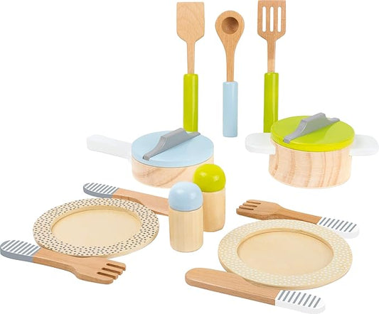 small foot wooden toys- Premium 15 Piece Kitchen Playset- Cooking and Dining Set Includes Pots, Plates and Utensils- Ideal for Toddlers 2+, Multi, (11098)