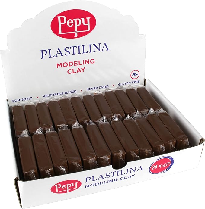Pepy Plastilina Reusable and Non-Drying Modeling Clay; Set of 24 Bars, 1.4 Ounce Each, Perfect for Arts and Crafts Projects, Brown