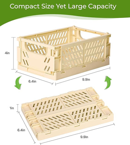 HUUSMOT 2-Pack Small Pastel Plastic Storage Baskets, Collapsible Crates for Organizing, Space-Saving Mini Bins for Classroom, Kitchen, Office, Bedroom (Yellow, 9.8" x 6.5" x 3.8")