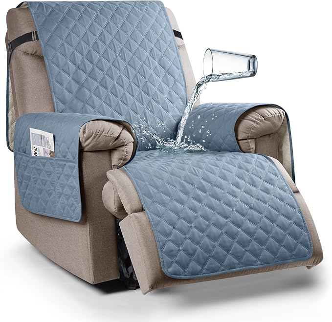 Ruaozz 100% Waterproof Recliner Chair Cover Non-Slip Oversized Reclining Cover for Large Recliner Chair Washable Chair Seat Cover with Elastic Straps for Kids, Dogs, Pets (Pastel Blue, 28'')