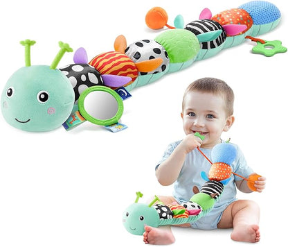 AWOTOY Baby Toys 0-6-12 Months,Musical Caterpillar Stuffed Animals Activity Infant Toys with Crinkle,Rattles,Mirror&Pull String,Muti-Sensory Toys Gifts for Newborn Tummy Time,Mint Blue|Leafy