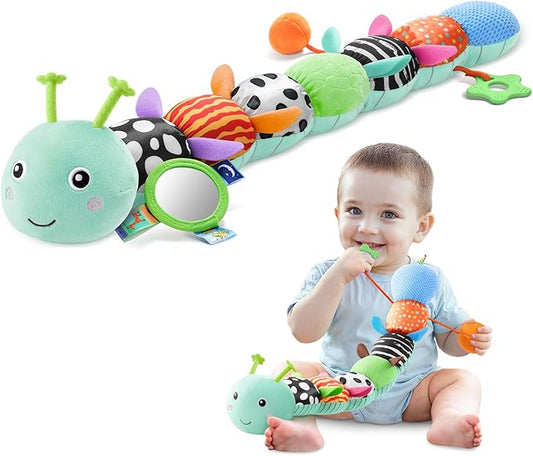 AWOTOY Baby Toys 0-6-12 Months,Musical Caterpillar Stuffed Animals Activity Infant Toys with Crinkle,Rattles,Mirror&Pull String,Muti-Sensory Toys Gifts for Newborn Tummy Time,Mint Blue|Leafy