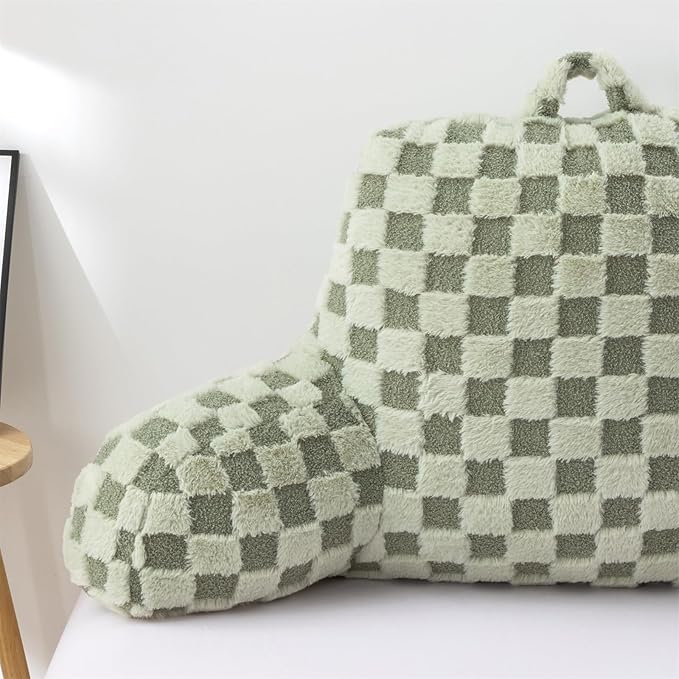 Aimuan Reading Pillow Checkered Bed Rest Wedge Backrest Checkerboard Pillow with Arms Back Support for Sitting Up in Bed Cushion Incline Rest Sleeping Snoring Pillow, Light Green