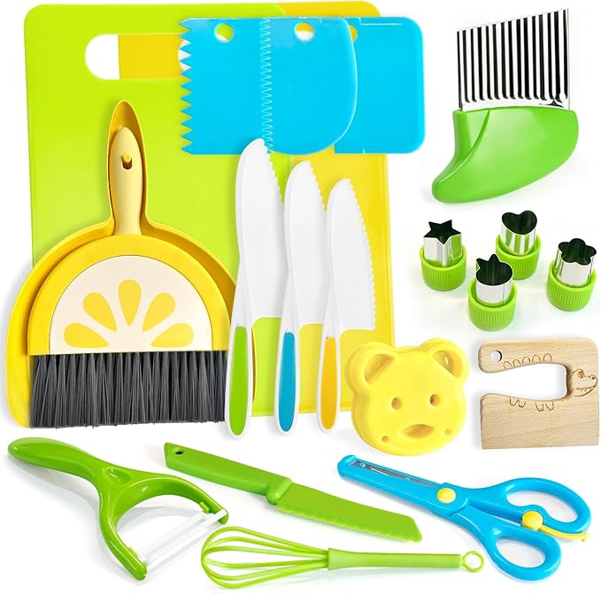Chanking 21 Pieces Kids Safe Knife Set for Real Cooking Child-Friendly Plastic Chef Tools Montessori Kitchen Toys for Toddlers Birthday Gifts for Boys and Girls Ages 4+ (A)