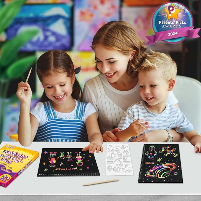 pigipigi Rainbow Scratch Paper for Kids - 2 Pack Large Scratch Off Notebooks Arts Crafts Supplies Kits Drawing Paper Black Magic Sheets Scratch Pad Activity Toy for Girls Boys Christmas Birthday Gift