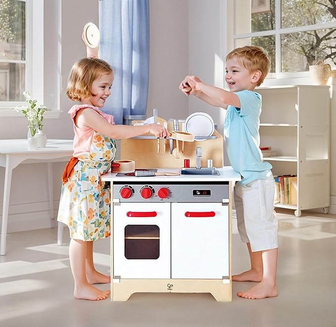 Hape Gourmet Kitchen Toy Fully Equipped Wooden Pretend Play Kitchen Set with Sink, Stove, Baking Oven, Cabinet, Turnable Knobs & Spice Shelf, Red