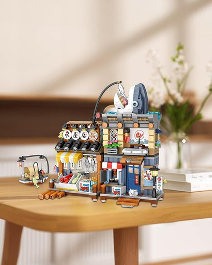 Japanese City Street View Seafood Store Building Blocks Set, Aquatic Products Shop MOC Creative House, Simulation Architecture Construction Toy, Gifts Idea for Kids Adults (Mini Blocks 790 pcs)