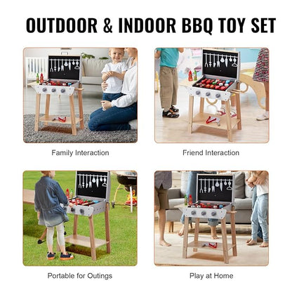 VEVOR Wooden Play Barbecue Toy Grill, Kids Grill Playset with Play Food and Grilling Tools, Wooden Play Food Kitchen Accessory (21 PCS), Pretend Play Cooking Toy for Toddlers Boys Girls Age 3+ Gift
