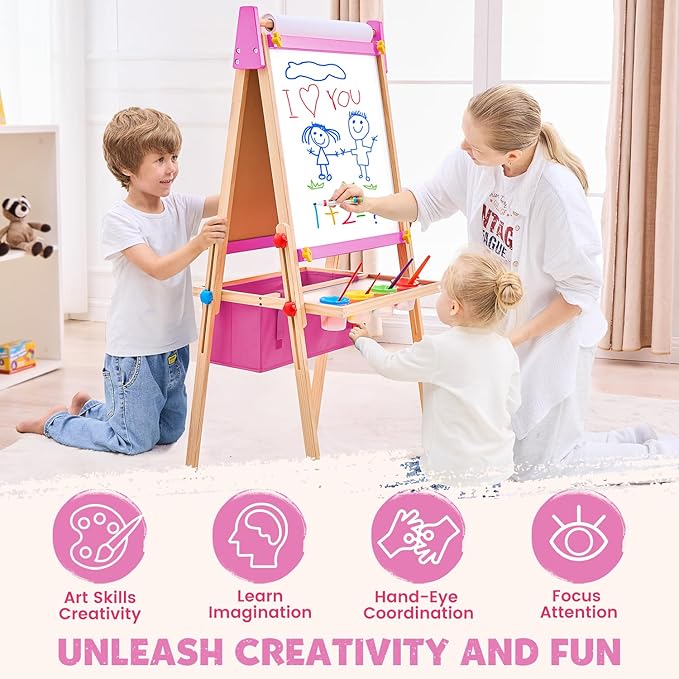 Art Easel for Kids Easel for Toddlers, Adjustable Wooden Kids Drawing Easel with Magnetic Whiteboard & Chalkboard, Kids Dry Erase Board, Easel for Kids Ages 3 4-8 9-12, Pink w/Bag