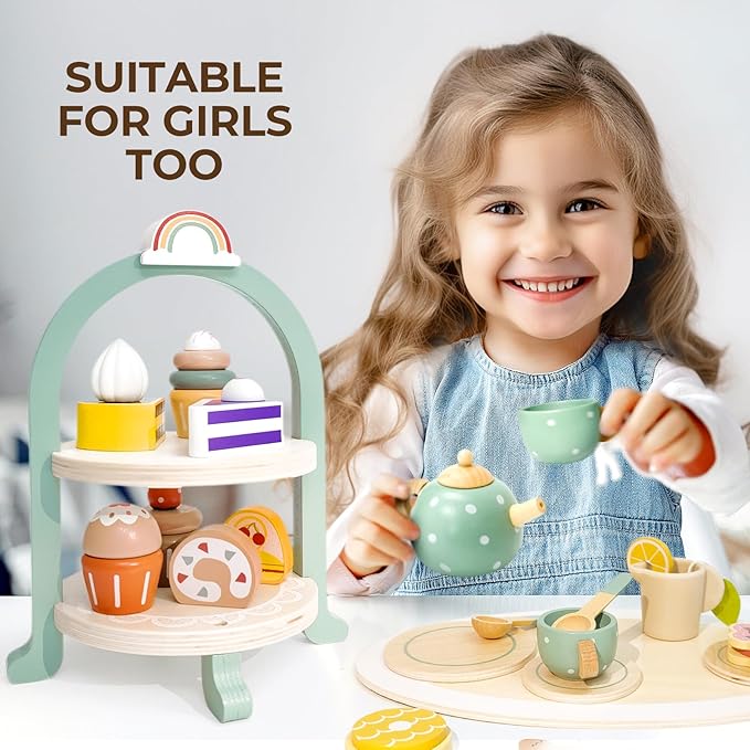 Tea Party Set for Little Girls with Cupcake Stand, Wooden Tea Set Toys for Girls Age 3 4 5 6 7 Year Old, Toddler Kids Kitchen Pretend Play Toys for Girls
