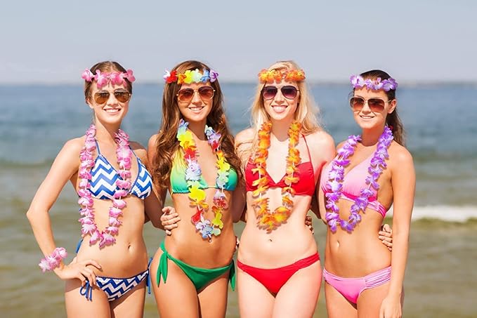Ecore Fun Luau Party Supplies Leis Luau Party Decorations Hawaiian Leis Decorations Hawaiian Party Bracelet Necklace Headband-12 in 1