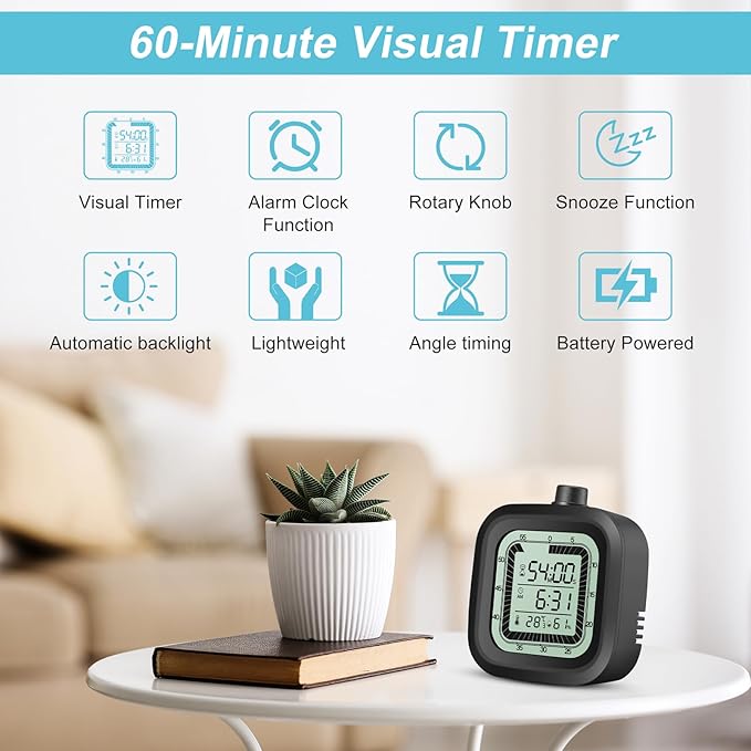 Visual Timer with Alarm Clock Kids Timer Countdown Count-up 1-60 Minutes Kitchen Timer Student Timer Bathroom Timer Clock Sports Timer time Manager with Digital Thermometer Hygrometer (Black)