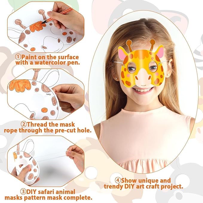 36Sets Animal Coloring Mask Jungle Animal Crafts for Kids Color Your Own Paper Mask Easy DIY Wild Lion Masquerade Birthday Party Dress-Up Decoration Favor School Classroom Activity Game Supplies
