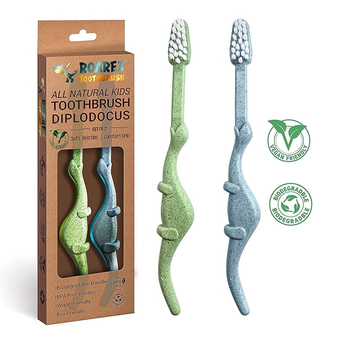 ROARex Vegan Kids Toothbrush | Dino Design | Biodegradable & Compostable Natural Plant-Based Toothbrush | Dinosaur Theme | 1% for The Planet