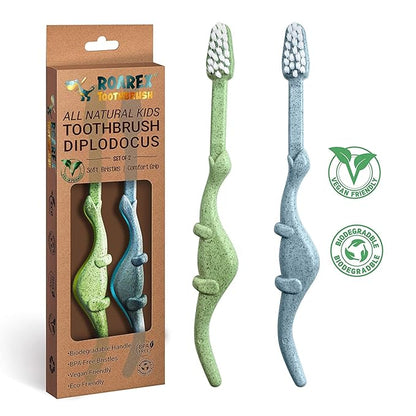 ROARex Vegan Kids Toothbrush | Dino Design | Biodegradable & Compostable Natural Plant-Based Toothbrush | Dinosaur Theme | 1% for The Planet