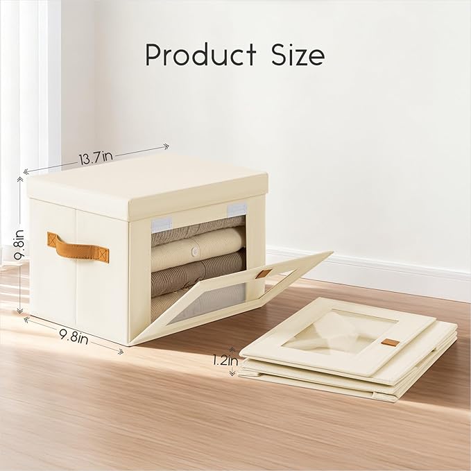 Homsorout Small Fabric Storage bins - Collapsible Storage Bins with Open Window, 3 Pack Closet Baskets for Shelves, Stackable Decorative Boxes for Home, Dorm, Beige, 13.7"x 9.8" x 9.8"